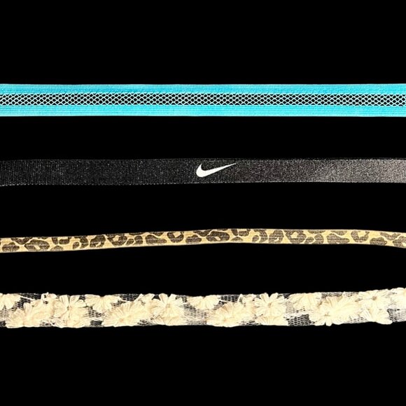 Blue, Black, Leopard, & White Flower Set of 4 Thin Sports Headbands - Picture 1 of 7